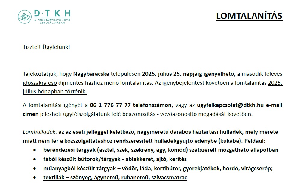 Tájékoztató lomtalanításról